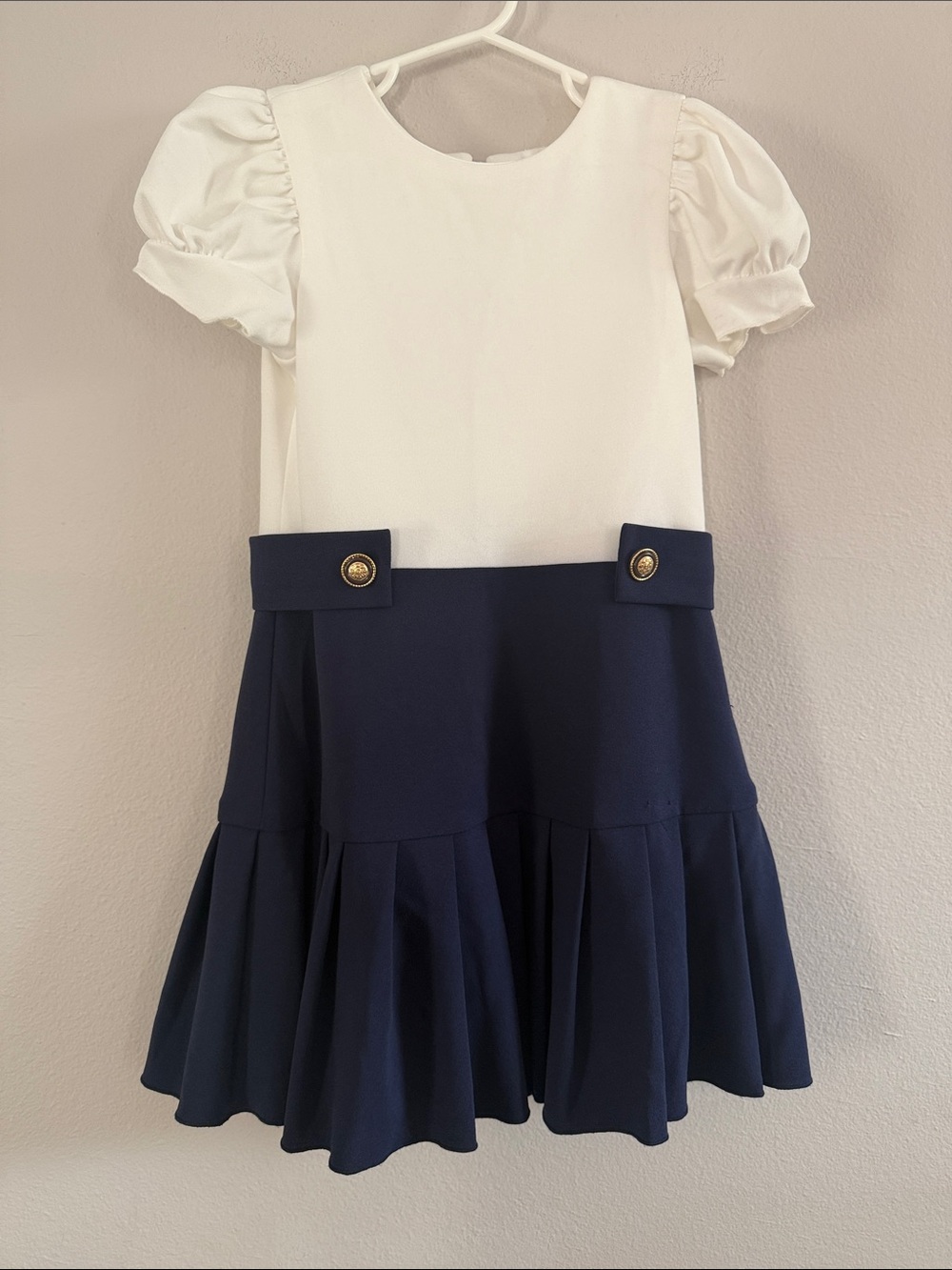 Zoe Ltd Girls Navy White Pleated Party Dress Gold Buttons Size 8 - [1155]